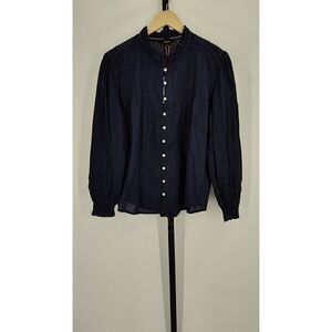 Quince Women Organic Textured Cotton Peasant Blouse Navy Sleeved Top M